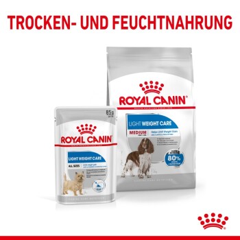 Royal Canin Light Weight Care Hundefutterverpackung, mit einem 85g Beutel und einer größeren Tüte, mit Text, der die Vorteile des Gewichtsmanagements hervorhebt.