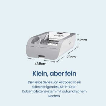 AstroPet automatische Katzentoilette mit einem Dual-Track-System für effiziente Klumpenentfernung, mit beschrifteten Bedienelementen und einem eleganten Design.