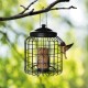 Un mangeoire à oiseaux en métal noir suspendue à une branche, contenant un bloc de graines cylindrique, avec un petit oiseau s'en approchant.