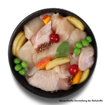 Eine schwarze Schüssel mit rohem Hähnchen, Apfelscheiben, Paprika, grünen Erbsen, einer Kirsche, Leinsamen und einem Blattgarnitur.