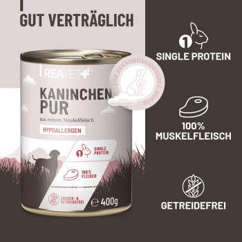 Dose mit Kaninchen-Hundefutter mit Fütterungsempfehlungen und Text „100% Fleisch ohne Innereien“ neben rohen Fleischstücken.