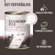 Dose mit Kaninchen-Hundefutter mit Fütterungsempfehlungen und Text „100% Fleisch ohne Innereien“ neben rohen Fleischstücken.