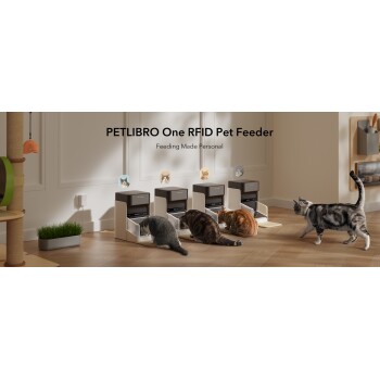 Vier PETLIBRO One RFID-Futterspender mit fressenden Katzen, Slogan 'Feeding Made Personal' sichtbar.