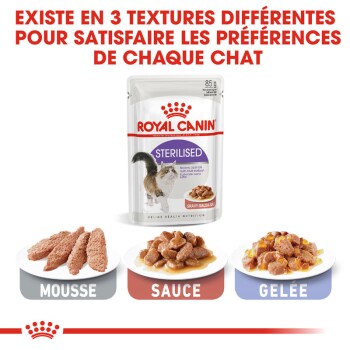 Pochette de nourriture pour chat Royal Canin Stérilisé, 85g, présentant trois textures : mousse, sauce et gelée, avec un texte mettant en avant la variété pour les chats.