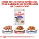 Pochette de nourriture pour chat Royal Canin Stérilisé, 85g, présentant trois textures : mousse, sauce et gelée, avec un texte mettant en avant la variété pour les chats.