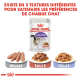 Pochette de nourriture pour chat Royal Canin Stérilisé, 85g, présentant trois textures : mousse, sauce et gelée, avec un texte mettant en avant la variété pour les chats.