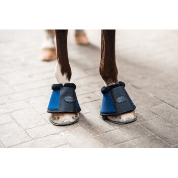 Die Vorderbeine eines Pferdes tragen blaue Hufschuhe mit schwarzen Riemen und Fellfutter, stehen auf einer Kopfsteinpflasteroberfläche.
