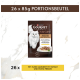 Purina Gourmet A la Carte Katzenfutter‑Beutel mit weißer langhaariger Katze und Teller; zeigt ‚26 x 85g PORTIONSBEUTEL‘