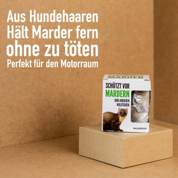 Eine Produktbox mit der Aufschrift "Schützt vor Mardern und anderen Wildtieren" auf einem beigen Hintergrund, die ein nicht-tödliches Marder-Abwehrmittel aus Hundehaar bewirbt.