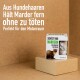 Eine Produktbox mit der Aufschrift "Schützt vor Mardern und anderen Wildtieren" auf einem beigen Hintergrund, die ein nicht-tödliches Marder-Abwehrmittel aus Hundehaar bewirbt.