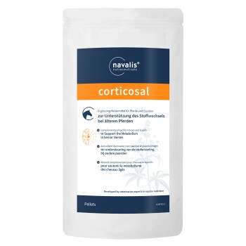 Nahrungsergänzungsmittel für Pferde und Equiden, beschriftet "corticosal," entworfen zur Reduzierung von Stressreaktionen, mit mehrsprachigen Beschreibungen.