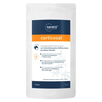 Nahrungsergänzungsmittel für Pferde und Equiden, beschriftet "corticosal," entworfen zur Reduzierung von Stressreaktionen, mit mehrsprachigen Beschreibungen.