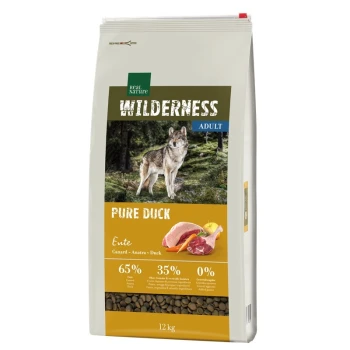 WILDERNESS Trockenfutter Hund, Adult, Pure Duck 12 kg Ein 12 kg Sack Real Nature Wilderness Hundefutter mit der Aufschrift "Pure Duck" und einem Wolfbild, mit 65% Ente, 35% Früchten und Gemüse und 0% Getreide.
