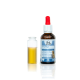 Ohrenpflege-Lösung für Hunde und Katzen in einer braunen Flasche mit rotem Deckel, neben einem kleinen klaren Fläschchen mit Flüssigkeit.