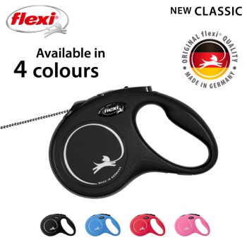 Black retractable dog leash labeled "NEW CLASSIC," available in red, blue, and pink options.