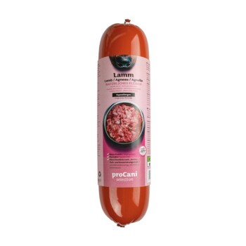 ProCani Selection Lamm-Hundefutterrolle mit rosa Etikett, das gehacktes Lamm in einer Schale zeigt.