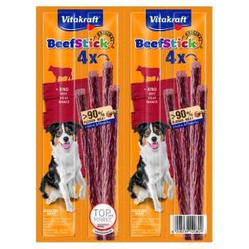 Vitakraft BeefStick Hundeleckerlitasche mit vier Rindersticks, mit einem Hund auf jeder Seite, und Text, der 90% Fleisch und zuckerfreies Rezept hervorhebt.