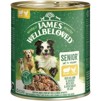 Dose James Wellbeloved Senior Hundefutter, reich an Lamm & Huhn mit Reis & Gemüse, hypoallergen, recycelbare Verpackung.
