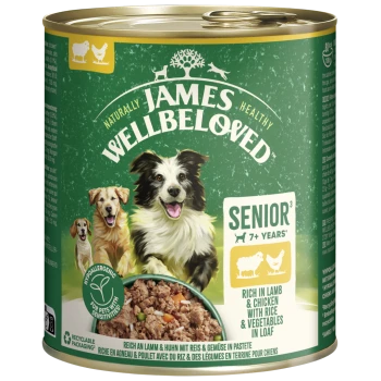 Dose James Wellbeloved Senior Hundefutter, reich an Lamm & Huhn mit Reis & Gemüse, hypoallergen, recycelbare Verpackung.