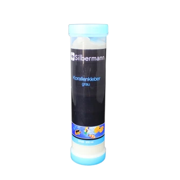 Silbermann Korallenkleber in einer klaren Tube, beschriftet auf Deutsch, mit schwarzem Hintergrund und blauen Akzenten, enthält 300 ml.