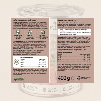 Hundefutterdose mit 60 % Lamm, mit Zutaten wie Kürbis und Kastanien sowie Omega-3 für Vitalität. Enthält Fütterungshinweise.