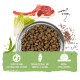 Schüssel mit trockenem Tierfutter, umgeben von rohem Lammkotelett, Salat, Erbsen und Leinsamen mit deutschem Text über glutenfrei, Gelenkunterstützung und Immunität.