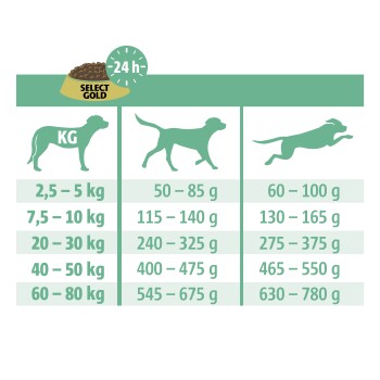 Fütterungsanleitung für Select Gold Hundefutter, die empfohlene Tagesmengen basierend auf dem Gewicht des Hundes in kg zeigt, von 50 bis 780 g.