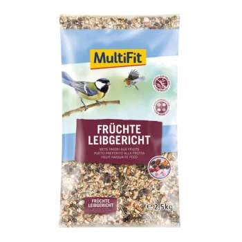 Een zak MultiFit vogelvoer gelabeld "Früchte Leibgericht" (Fruit Favoriet Voer) met kleurrijke vogels op een tak, 2,5 kg.