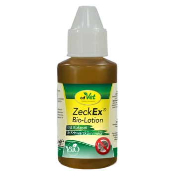 Braune Plastikflasche mit Aufschrift 'cdVet ZeckEx Bio-Lotion mit Kokosöl & Schwarzkümmelöl', BIO-Logo und durchgestrichenem Zecken-Symbol.