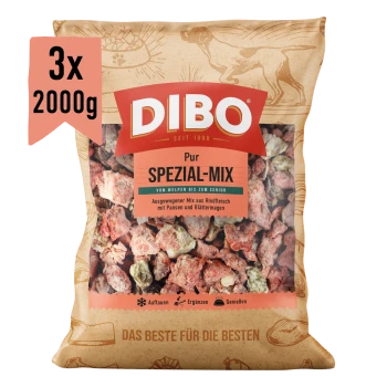 DIBO Spezial Hundefutterpaket, 2000 g, mit gemischtem Rindfleisch und Pansen, als ergänzendes Tiefkühlfutter für Hunde gekennzeichnet.
