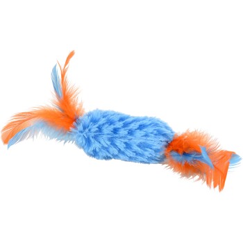 Kleurrijk pluche huisdier speelgoed met blauwe en oranje veren, ontworpen voor speelse interactie met huisdieren.