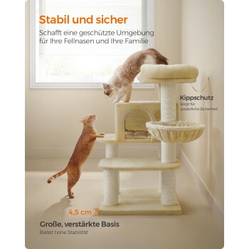 Bild eines Katzenbaums mit zwei Katzen, eine klettert und eine sitzt auf einer Plattform. Der Text hebt Stabilitäts- und Sicherheitsmerkmale auf Deutsch hervor.