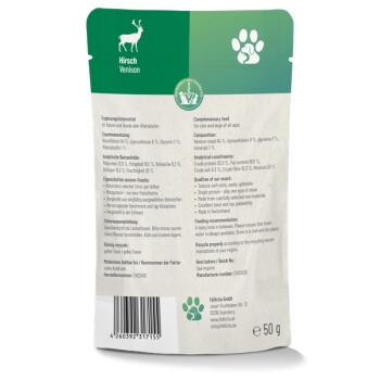 Verpackung für "Hirsch Venison" Haustierfutter, mit einem grünen und beigen Design, mit Nährwertinformationen und Fütterungshinweisen.