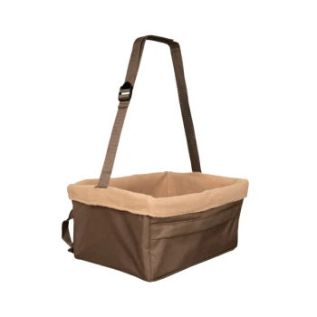 Brauner Haustierträger mit weicher beiger Innenausstattung und verstellbarem Riemen, entworfen für Komfort und Bequemlichkeit.