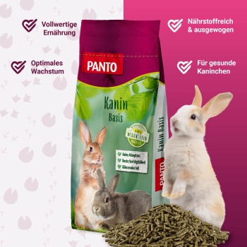 Eine Tüte PANTO Kaninchenfutter mit zwei Kaninchen auf der Vorderseite, die Vorteile wie "Nährstoffreich & ausgewogen" und "Für gesunde Kaninchen" hervorhebt.