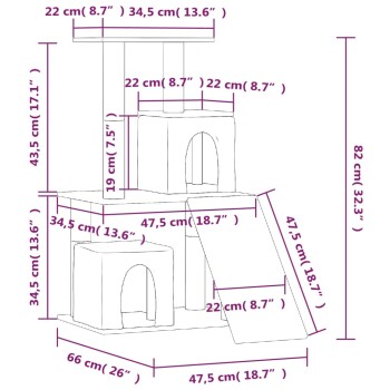 Illustration der Abmessungen eines Katzenbaums mit beschrifteten Maßen in Zentimetern und Zoll, mit mehreren Ebenen, einer Rampe und einem gemütlichen Versteck.