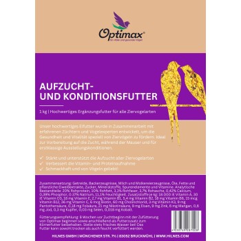 Optimax Vogelfutterverpackung zeigt zwei bunte Vögel und hebt die Vorteile für Zucht, Gesundheit und Vitalität bei Haustier-Vögeln hervor.