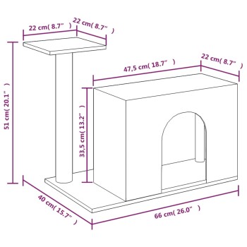 Illustration der Abmessungen eines Katzenbaums, die ein mehrstöckiges Design mit einer Plattform, einem Kratzbaum und einem geschlossenen Raum zeigt, beschriftet mit Maßen.