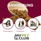 Schüssel mit braunem Trockenfutter mit der Aufschrift "ANWENDUNG." Enthält Bilder eines Hundes, Training und Springen. Logo: "MY PET CLUB."