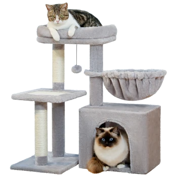 Grauer Katzenbaum mit mehreren Ebenen, Kratzpfosten, einem hängenden Spielzeug und einer gemütlichen Hängematte für Haustiere.