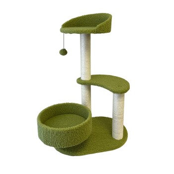 Green three-level cat tree with round plush bed, curved perch, sisal-wrapped posts and dangling pompom toy.