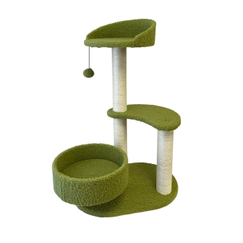 Green three-level cat tree with round plush bed, curved perch, sisal-wrapped posts and dangling pompom toy.