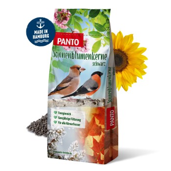 PANTO schwarzer Sonnenblumensamen-Sack mit zwei Vögeln, der energiereiches, ganzjähriges Füttern für alle Samenvögel fördert.