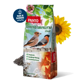 PANTO schwarzer Sonnenblumensamen-Sack mit zwei Vögeln, der energiereiches, ganzjähriges Füttern für alle Samenvögel fördert.