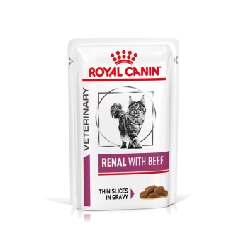 Royal Canin Veterinary Renal mit Rind Katzenfutterbeutel, der eine graue getigerte Katze zeigt, beschriftet mit "Dünne Scheiben in Soße."