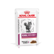 Royal Canin Veterinary Renal mit Rind Katzenfutterbeutel, der eine graue getigerte Katze zeigt, beschriftet mit "Dünne Scheiben in Soße."