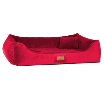 FLOYD - Ultraweiches orthopädisches Hundebett High-Tech-Velours und Plüsch VISCO dunkelrot 80 cm, 22 cm, 60 cm Rotes plüschiges Haustierbett mit erhöhten Rändern und einem kleinen Rückenkissen, mit einem beigen Etikett, das 'tierland' liest.
