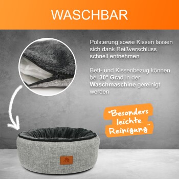 Haustierbett mit abnehmbarem Kissen, mit einem Reißverschluss für einfache Reinigung; maschinenwaschbar bei 30°C. Der Text hebt die einfache Pflege hervor.