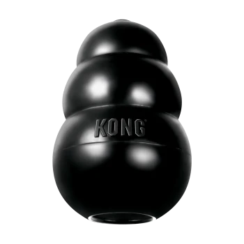 Jouet pour chien en caoutchouc KONG noir, trois sphères empilées avec logo « KONG » en relief