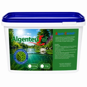 Weißer Kunststoffbehälter mit der Aufschrift 'Aqua-Cereal Sauerstoff - Plus', mit einem Griff und einem Wassertropfendesign.